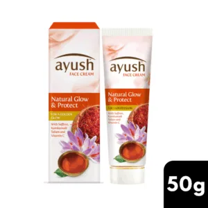 Ayush Natural Glow Face Cream 50g jar packaging displaying premium Ayurvedic botanical beauty cream for smooth skin appearance.