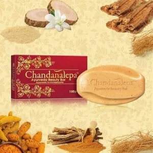 Chandanalepa Ayurveda Soap 100g packaging showing authentic sandalwood beauty bar for premium natural skincare from Chandanalepa brand.